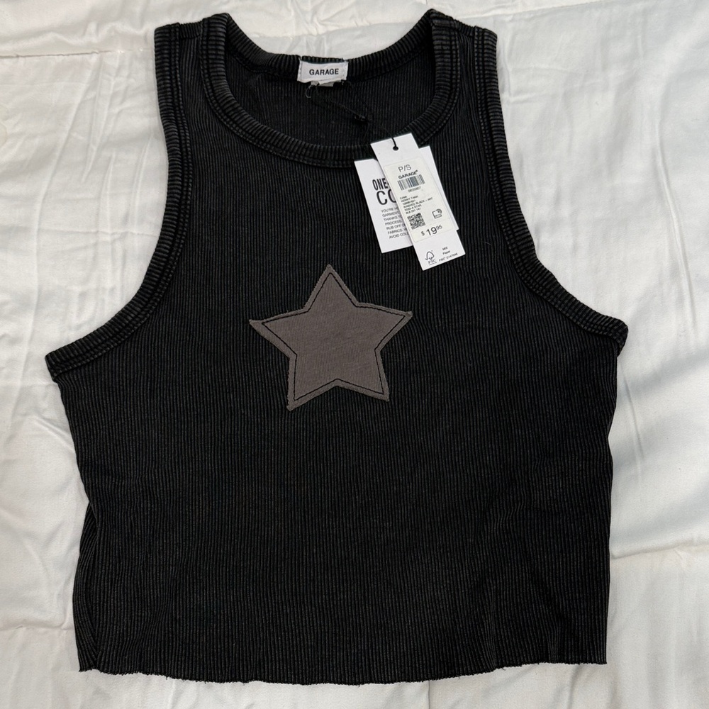 Garage Black Ribbed Crop Tank with Gray Star Patch
